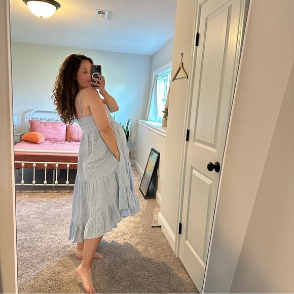 Frame Blue Striped Cotton Hemp Asymmetric Maxi Dress Small - Picture 5 of 13